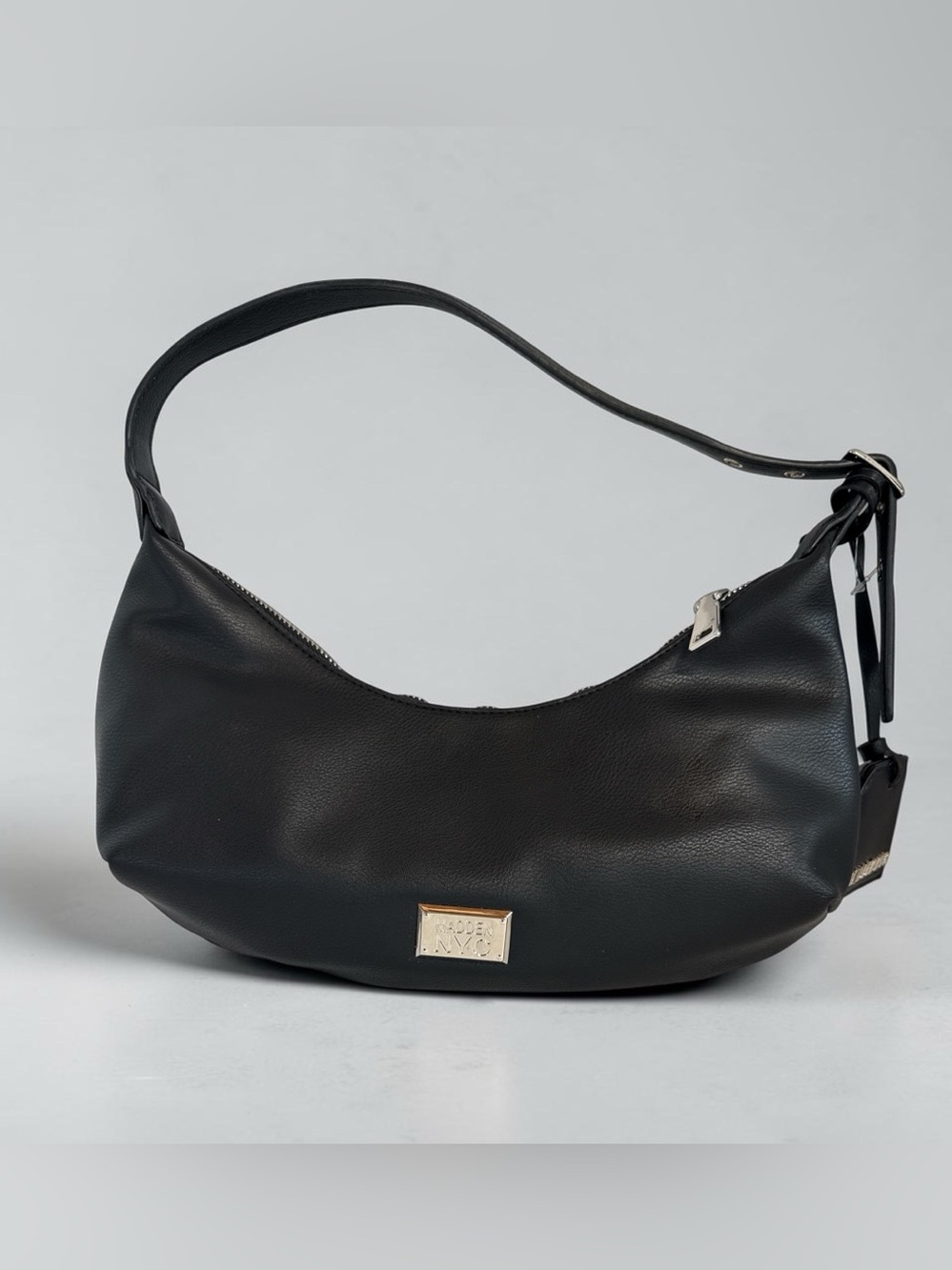 Steve Madden NYC Classic Black Faux Leather Shoulder Bag with Plaque NEW